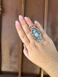 “The Statement Ring” Handmade Sterling Silver & Golden Hills Turquoise Adjustable Ring Signed Nizhoni