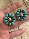 Handmade Turquoise, Wild Horse & Sterling Silver Cluster Post Earrings Signed Nizhoni