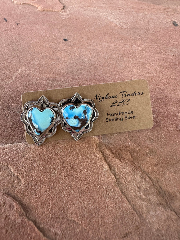 Handmade Golden Hills Turquoise and Sterling Silver Heart Post Earrings