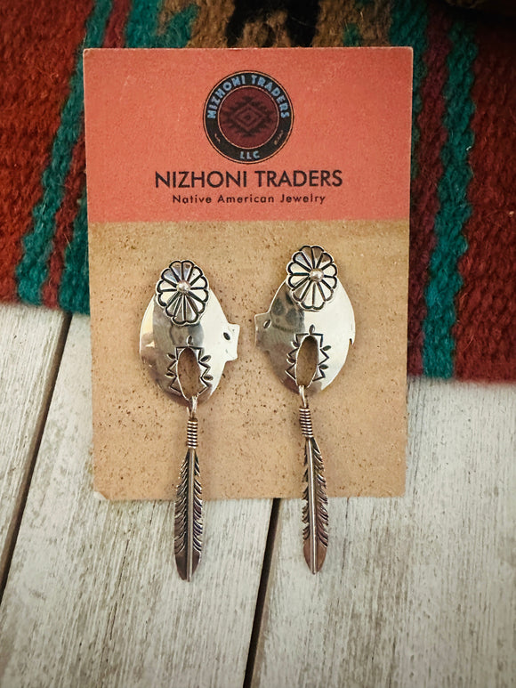 Navajo Concho Sterling Silver Feather Dangle Earrings