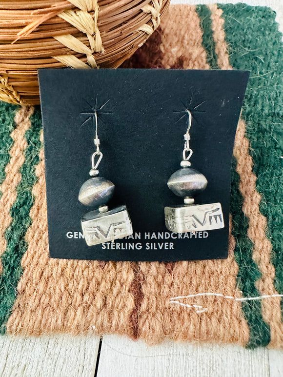 Navajo Hand Stamped Sterling Silver Beaded Dangle Earrings