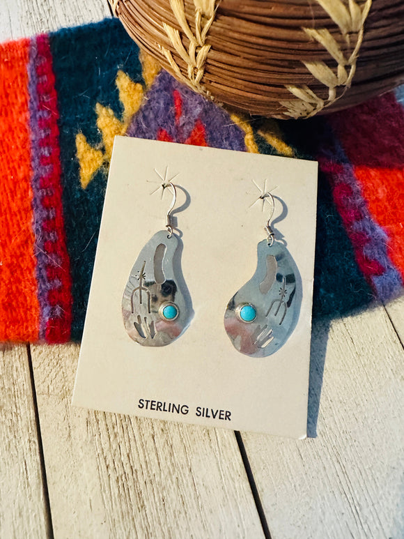 Navajo Hand Stamped Sterling Silver & Turquoise Dangle Earrings