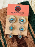 Navajo Hand Stamped Sterling Silver & Turquoise Concho Dangle Earrings