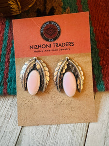 Navajo Sterling Silver & Queen Pink Conch Leaf Post Earrings