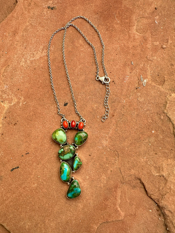 Handmade Sterling Silver, Coral & Sonoran Turquoise Cactus Necklace