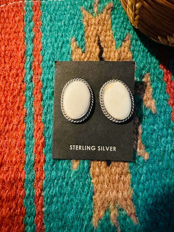 Navajo White Buffalo and Sterling Silver Oval Post Earrings