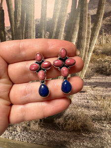 Handmade Lapis, Rhodonite and Sterling Silver Post Earrings Signed Nizhoni