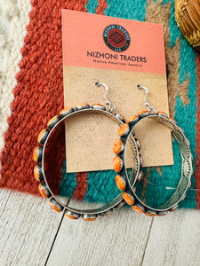 Navajo Orange Spiny & Sterling Silver Dangle Hoop Earrings by Lerry James