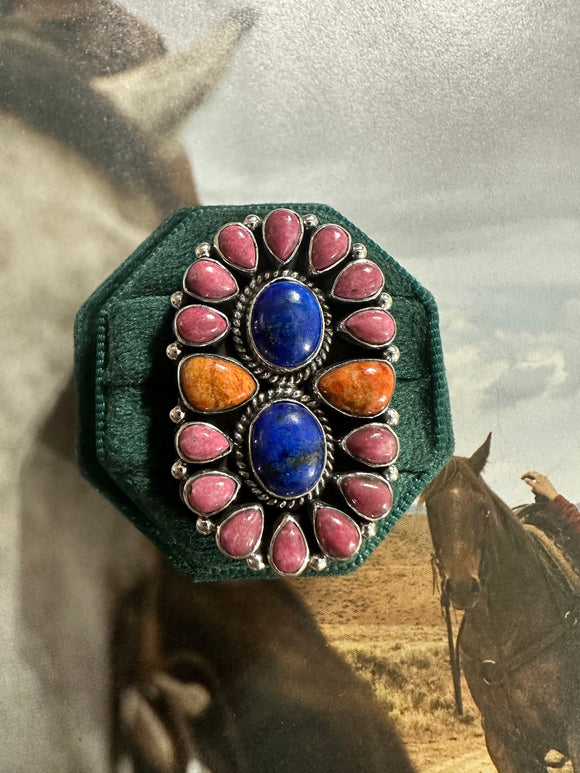 Handmade Orange Mojave, Lapis, Rhodonite And Sterling Silver Adjustable Ring