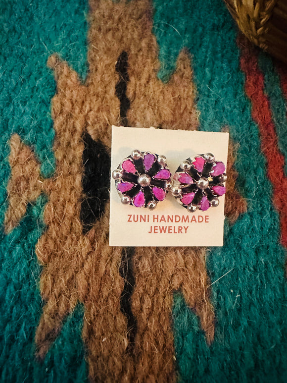 Zuni Pink Opal & Sterling Silver Flower Stud Earrings