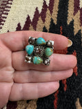 Beautiful Handmade Turquoise, Wild Horse  And Sterling Silver Adjustable Cluster Ring