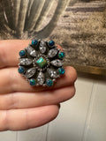 Handmade Turquoise, Cz, Dark Blue Fire Opal & Sterling Silver Adjustable Ring Signed Nizhoni