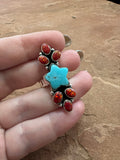 Beautiful Handmade Turquoise, Red Fire Opal And Sterling Silver Adjustable Star Ring