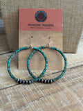 Navajo Sterling Silver and Royston Turquoise 2 inch Beaded Hoop Earrings