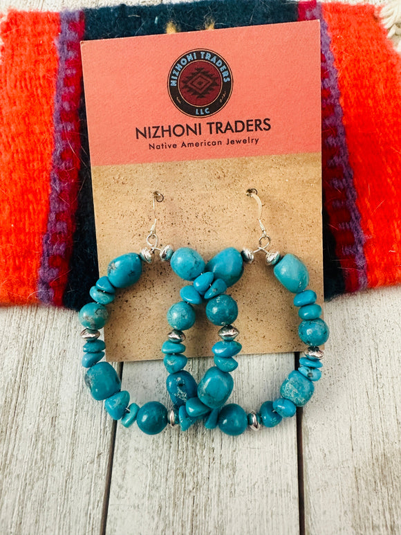 Navajo Kingman Turquoise & Sterling Silver Beaded Hoop Earrings