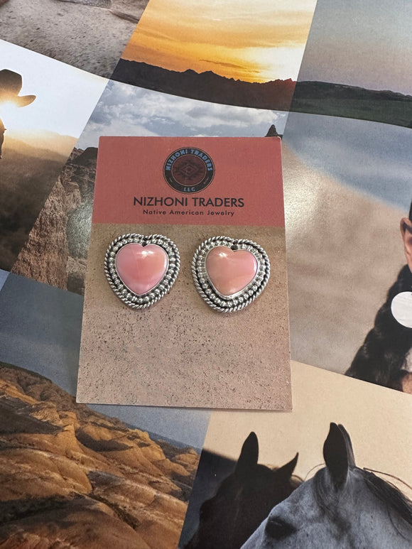 Navajo Sterling Silver Pink Conch Heart Stud Earrings