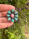 Beautiful Handmade Number 8 Turquoise, Pink Conch And Sterling Silver Adjustable Cluster Ring