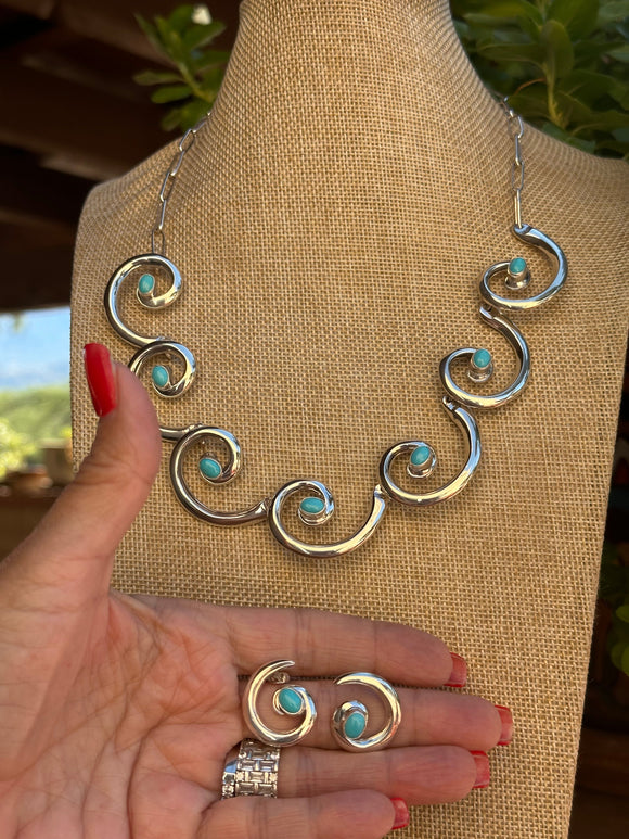 Navajo Made Sleeping Beauty Turquoise & Sterling Silver Swirl Necklace Set