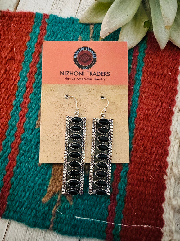 Handmade Onyx & Sterling Silver Dangle Earrings Signed Nizhoni