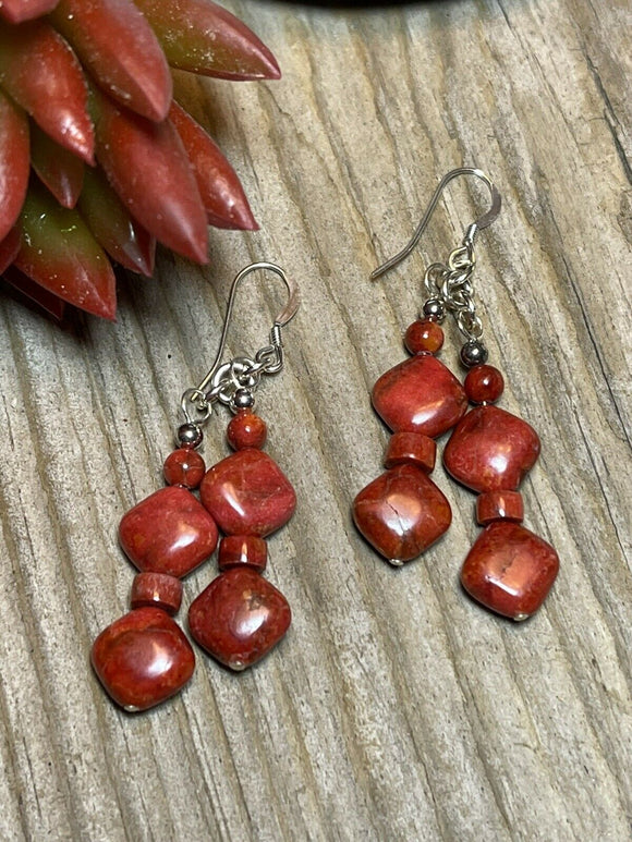 Navajo Sterling Silver Apple Coral 2 Strand Beaded Earrings