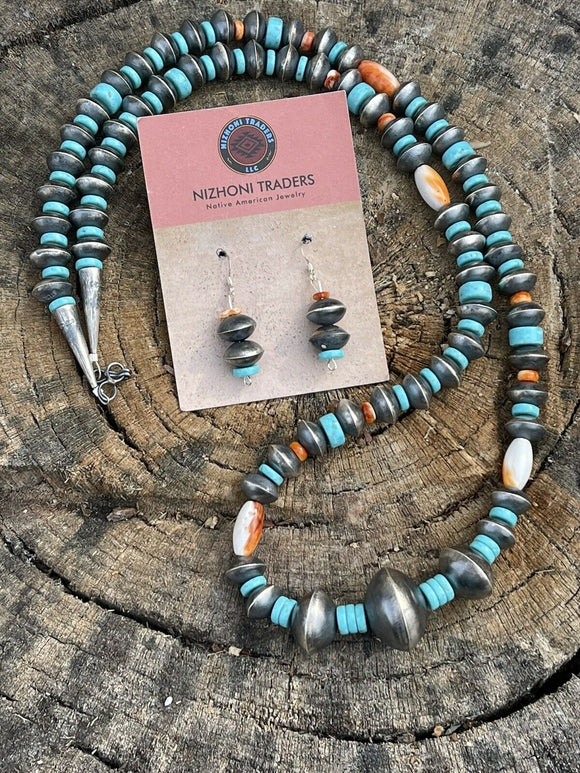 Navajo Sterling Silver Handmade Turquoise and Spiny Beaded Necklace Set