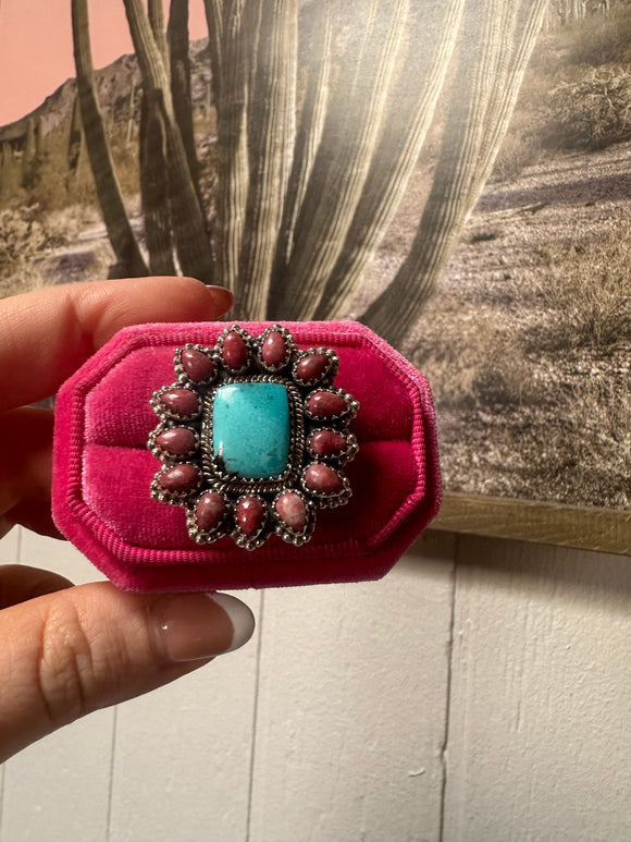 Handmade Rhodonite, Turquoise & Sterling Silver Adjustable Ring Signed Nizhoni