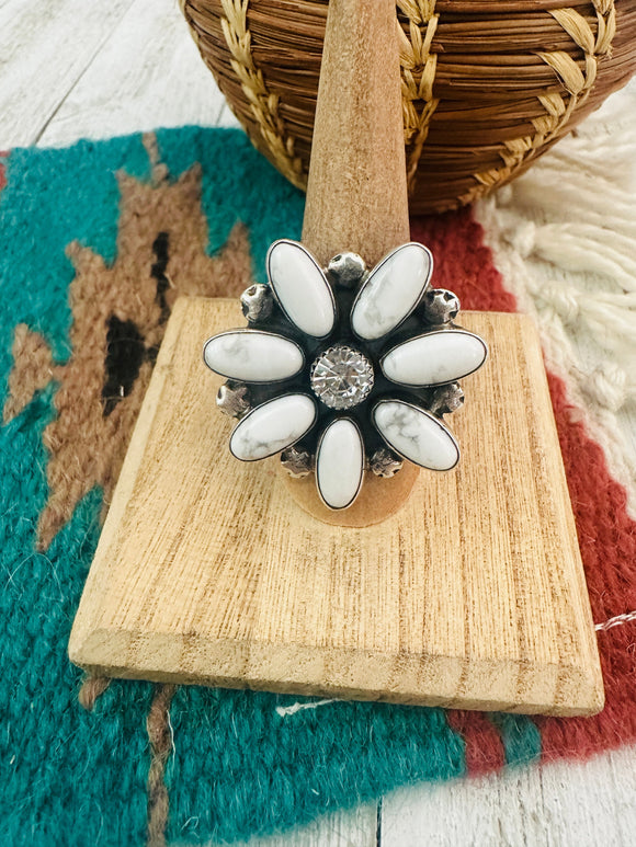 Navajo Sterling Silver, White Buffalo & CZ Cluster Ring Size 8