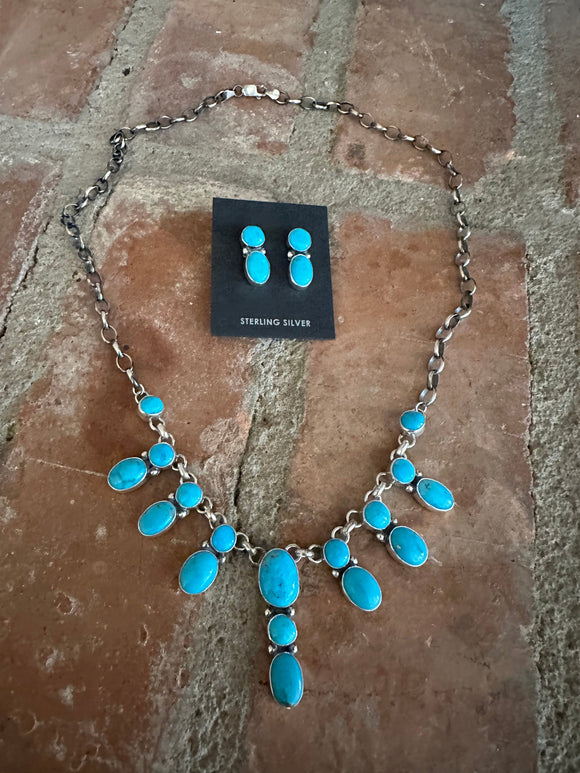 Navajo Sterling Silver & Turquoise Necklace & Earring Set Signed