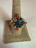 Handmade Turquoise, Lapis, Orange Mojave And Sterling Silver Adjustable Ring