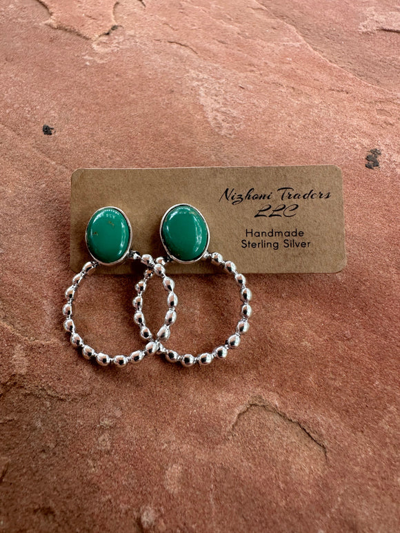 Handmade Turquoise & Sterling Silver Hoop Earrings GREEN TONES