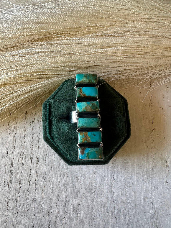 Handmade Turquoise & Sterling Silver 6 Stone Rectangular Stone Adjustable Ring Signed Nizhoni