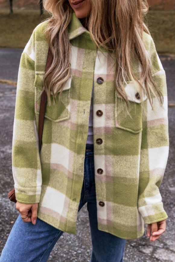 Pocketed Plaid Collared Neck Shacket