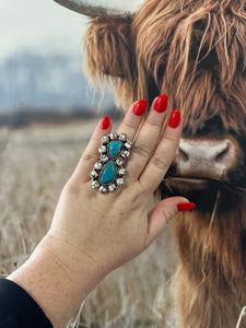 “Free Spirit” Nizhoni’s Wild Horse & Turquoise Sterling Silver Cluster Ring