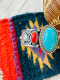 Old Pawn Navajo Sterling Silver, Turquoise & Coral Cuff Bracelet