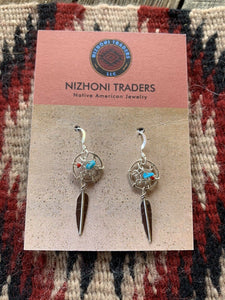 Navajo Sterling Silver Turquoise  Coral Dream Catcher, Feather Dangle Earrings.