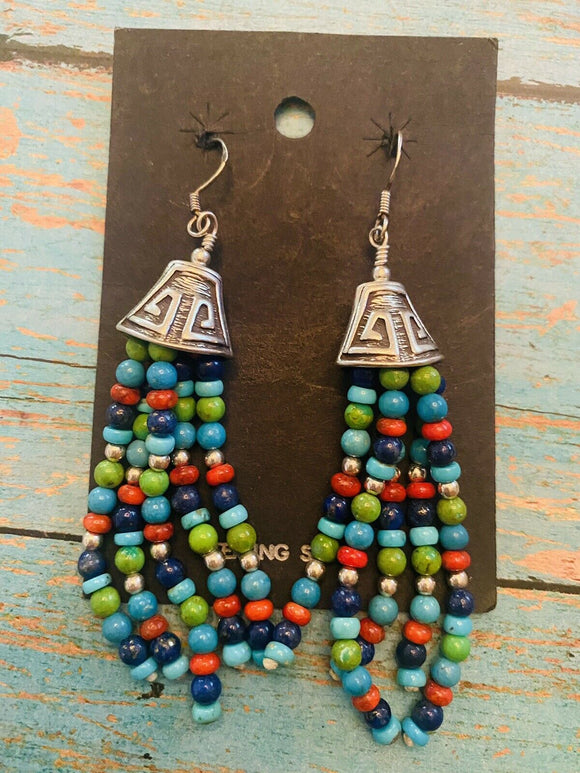 Navajo Sterling Silver Multi Stone Beaded Dangle Tassel Earrings