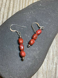 Navajo Sterling Silver 3 Stone Apple Coral Dangle Earrings