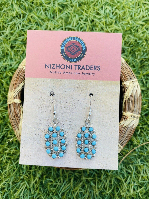 Zuni Sterling Silver & Turquoise Petit Point Cluster Dangle Earrings