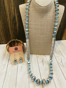 Navajo Sterling Silver & Turquoise Beaded Necklace & Earrings Set