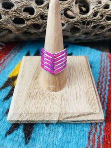 Zuni Sterling Silver & Pink Opal Inlay 5 Row Stacker Ring