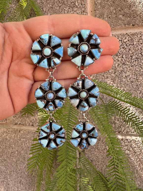 Handmade Golden Hills Turquoise & Sterling Silver Cluster Post Dangle Earrings