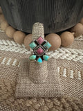 Beautiful Handmade Turquoise, Rhodonite And Sterling Silver Adjustable Ring