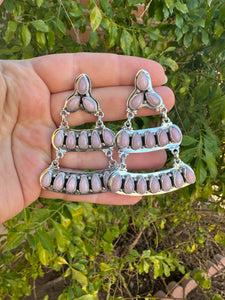 “Rodeo Roundup” Handmade Pink Conch And Sterling Silver Dangle Earrings Signed Nizhoni