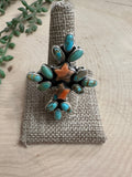 Beautiful Handmade Spice, Turquoise And Sterling Silver Adjustable Cluster Star Ring