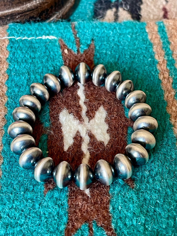 Vinita Cowboy Navajo Handmade 8mm Sterling Silver Beaded Stretch Bracelet