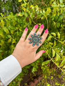 Handmade Turquoise and Sterling Silver Adjustable Flower Statement Ring