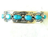 Navajo Hand Stamped Sterling Silver & Turquoise Cuff Bracelet by Benson Shorty