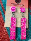 Zuni Sterling Silver & Pink Fire Opal Inlay Dangle Earrings