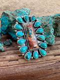 Navajo Made Spice, Kingman Turquoise And Sterling Silver Adjustable Statement  Ring