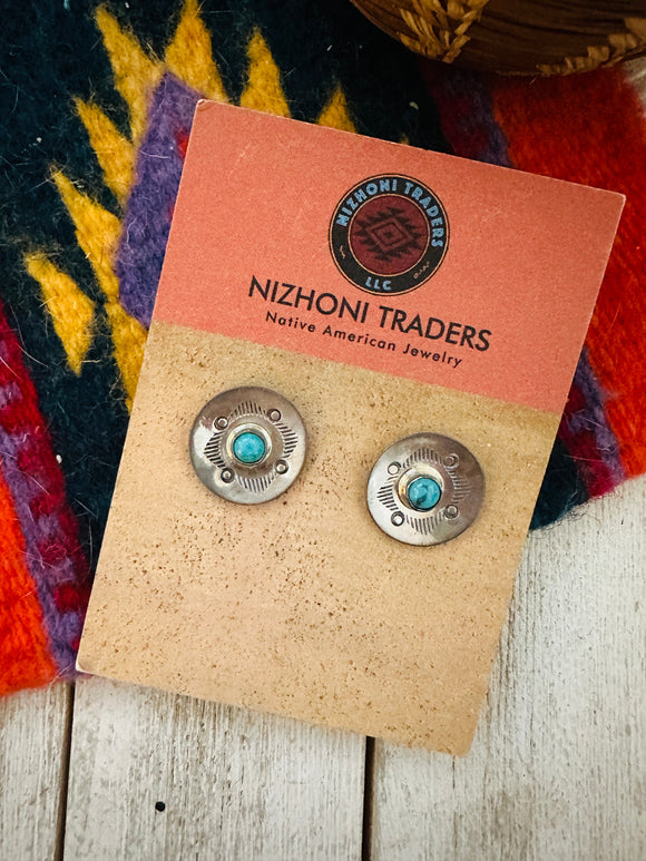 Navajo Hand Stamped Sterling Silver & Turquoise Concho Stud Earrings